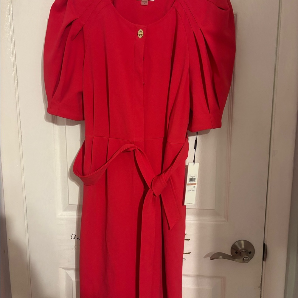 Calvin Klein Red Midi Dress with Puff Sleeves